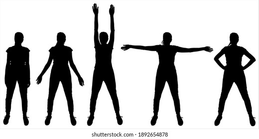 Physical exercises. Girl stands still, legs stand on a distance from each other, moves her arms down, up, aside, arms on a belt. Woman is in gymnastics. Five black silhouettes are isolated on a white.