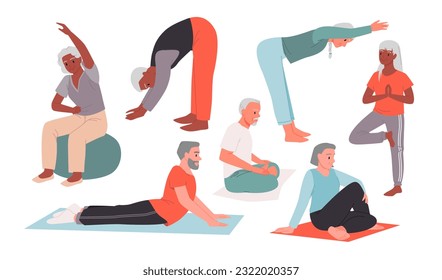 Physical exercises, sport and yoga of senior people set vector illustration. Cartoon isolated elder person doing active pilates poses and gymnastics, elderly happy man and woman stretch on mats