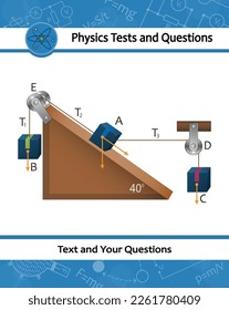 Physical experiment with Pulley system. Template of loaded Movable Pulleys. Pulley. Lifting a load. Pulling a load. Thrust and linear momentum on inclined plane. Laws of motion. Vector illustration.