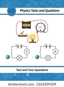 Physical experiment of studying electric circuit with simple electrical scheme. Electric circuit has Battery, Light Bulb, Switch and ammeter. Helpful for education in schools at physics lesson.