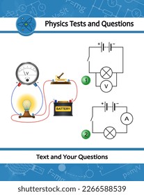 Physical experiment of studying laws of electricity with simple electrical scheme. Electric circuit has Battery, Light Bulb, Switch and voltmeter. Helpful for education in schools at physics lesson.