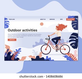 Physical Female Riding Bicycle Landing Page. Healthy Lifestyle Outdoor Concept. Active People Character in Park Website or Web Page. Summer Activities Flat Cartoon Vector Illustration 