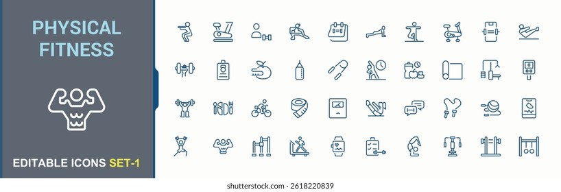 Physical Fitness icon set. Includes thin line symbols fitness, diet, exercise, sport, healthy, health and more. Fitness and Gym simple icon set. Minimal icons set. Editable vector. Pixel perfect.