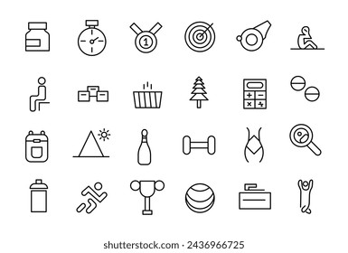 Physical Fitness icon set. line icons related to wellness, wellbeing, mental health, healthcare, cosmetics, spa, medical.