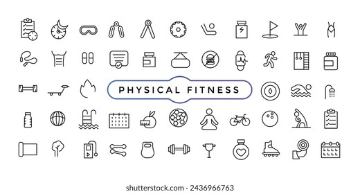 Physical Fitness icon set. line icons related to wellness, wellbeing, mental health, healthcare, cosmetics, spa, medical.