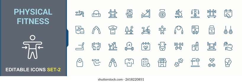 Physical Fitness linear icon set. Contain linear symbols fit, nutrition, lifestyle, health, workout, activity, sport and more. Fitness and Gym simple icon set. Minimalist icons pack. Editable vector.