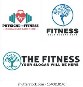 Physical fitness logo with barbell heart dumbbell and people tree circle combination vector suitable for healthy gym yoga business