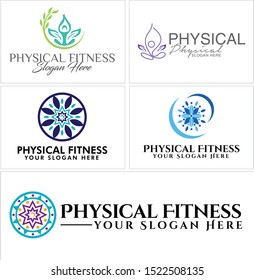 Physical fitness logo with people leaf green blue flower circle vector suitable for yoga gym healthy training spa therapist