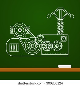 physical formula vector illustration. Mechanical blueprint of engine on board. School vector illustration. Scientific drawings