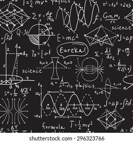 Physical formulas, graphics and scientific calculations on chalkboard. Vintage hand drawn illustration laboratory seamless pattern