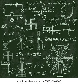 Physical formulas and phenomenons on chalkboard. Vintage hand drawn illustration