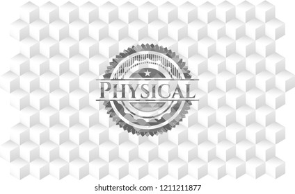 Physical grey badge with geometric cube white background