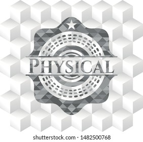Physical grey emblem. Retro with geometric cube white background