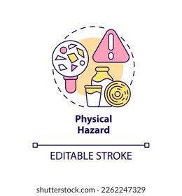 Physical hazard concept icon. Involving objects in products. Food safety risk abstract idea thin line illustration. Isolated outline drawing. Editable stroke. Arial, Myriad Pro-Bold fonts used