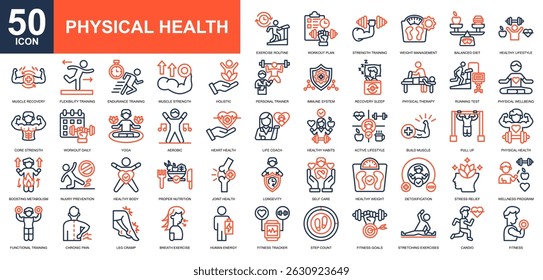 Conjunto de coleta de ícones do Physical Health. Programa de Bem-estar, Plano de Exercício, Estilo de Vida Saudável, Self Care, ícone Energia Humana. Vetor de cor de linha simples.