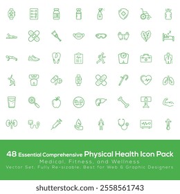 Physical Health Icon Pack with medical, fitness, and wellness essentials, ideal for healthcare apps, fitness platforms, and health campaigns.
