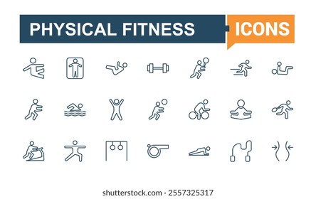 Physical Health icons set in line style. Related to gym, running, water, strength, exercise, fitness and more. Pixel perfect. Vector outline icons collection.