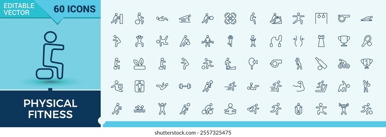 Physical Health icons set in line style. Related to gym, running, water, strength, exercise, fitness and more. Pixel perfect. Vector outline icons collection.
