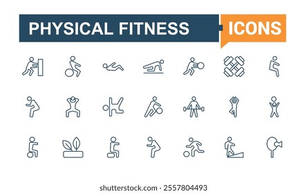 Physical Health icons set in line style. Related to gym, running, water, strength, exercise, fitness and more. Pixel perfect. Vector outline icons collection.