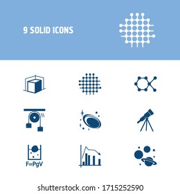Physical icon set and 3d modeling with molecular lattice, cosmology and telescope tube. Cube related physical icon vector for web UI logo design.