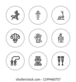 Physical icon set. collection of 9 outline physical icons with bench press, elliptical, crutches, injury, jumping rope, gym station, nervous icons. editable icons.