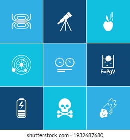 Physical icon set and danger skull with telescope tube, falling apple theory and speed comparison. Astronomy related physical icon vector for web UI logo design.