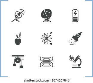 Physical icon set and physical research with nuclear physics, electrodynamics and charging. Telecommunication related physical icon vector for web UI logo design.