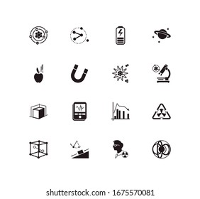 Physikalische Icon-Set und physikalische Forschung mit Kernphysik, Grafik und Ladung. Atomenergie-bezogene physische Icon-Vektorillustration für Web UI-Logo-Design.