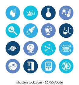 Physical icon set and technical mind with chemical bulb, space rocket and technical device. Telecommunication related physical icon vector for web UI logo design.