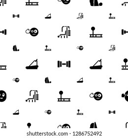 physical icons pattern seamless white background. Included editable filled gym equipment, barbell, treadmill, head bang emot, fintess equipment icons. physical icons for web and mobile.