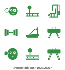 Physical icons. set of 9 editable filled physical icons such as head bang emot, fintess equipment, gym equipment, treadmill