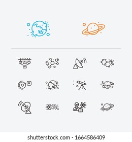 Physical icons set. Atomic physics and physical icons with solar system, classical mechanics and radio telescope. Set of moon for web app logo UI design.