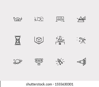 Physical icons set. Classical mechanics and physical icons with 3d modeling, speed comparison and optical physics. Set of chemistry for web app logo UI design.
