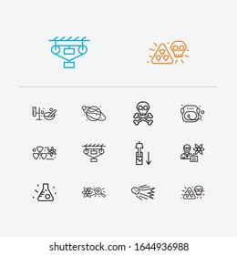 Physical icons set. Classical mechanics and physical icons with flying meteor, astronaut helmet and chemical bulb. Set of model for web app logo UI design.