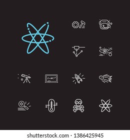 Physical icons set. Cosmology and physical icons with physics formula, astronaut helmet and space rocket. Set of chemistry for web app logo UI design.