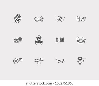 Physical icons set. Quantum physics and physical icons with constellation, geographic globe and molecular lattice. Set of biotechnology for web app logo UI design.