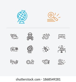 Physical icons set. Thermodynamics and physical icons with technical device, danger and equipment for experiments. Set of model for web app logo UI design.