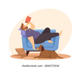 Physical Inactivity, Passive Lifestyle, Bad Habit. Sedentary Life Concept. Overweight Male Character Lying on Sofa Eating Chips. Lazy Fat Man Relax at Home Alone. Cartoon People Vector Illustration