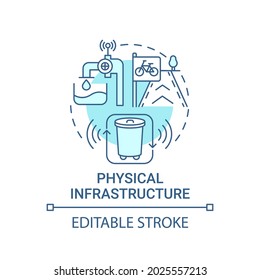 Physical infrastructure blue concept icon. Physical structures abstract idea thin line illustration. City energy, power and transport. Vector isolated outline color drawing. Editable stroke