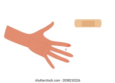 Physical injury. First aid for cuts. Dressing patch and injured arm. Index finger cut on arm. Adhesive dressing for small wounds. First Aid Instruction for Cut. Accident, wound, drop of blood