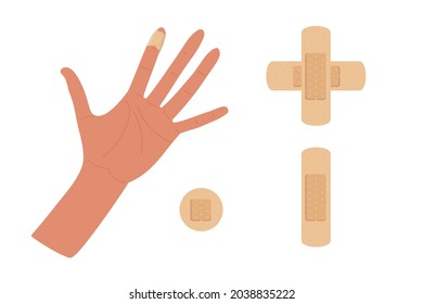 Physical injury. First aid for cuts. Dressing patch set. Hand with injured bandaged index finger. Adhesive dressing for small wounds. First Aid Instruction for Cut. Minor injury. Accident, wound