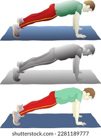 Physical instructor demonstrate the high plank exercise for abdominal core strength training, isolated against white. 3D vector illustration.