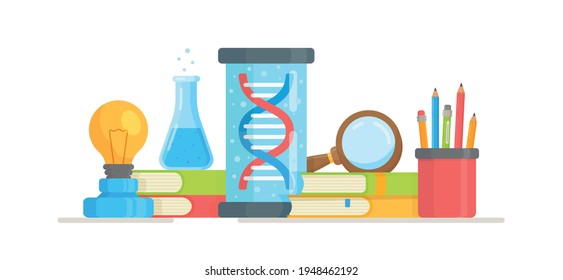 Physical instruments for lessons at school or uni. Vector illustration of DNA test verification.  