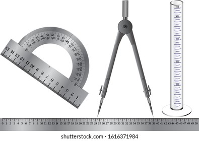 Physical instruments for measuring quantities - ruler, protractor, compass, graduated cylinder.