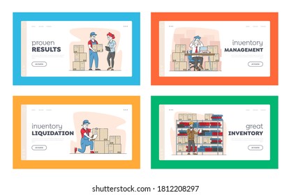 Physical Inventory Count Management Landing Page Template Set. Storekeeper Characters Manage Warehouse Cargo Loading, Unloading Sorting Stock Storage of Parcels. Linear People Vector Illustration