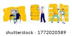 Physical Inventory Count Management. Storekeeper Characters Manage Warehouse Cargo Loading, Unloading and Sorting Stock Storage of Parcels with Products for Shipment. Linear People Vector Illustration