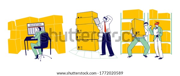 実地棚卸管理 倉庫管理人のキャラクターは 荷物を積み込む倉庫の荷積み 荷降ろし 並べ替えを管理します 線形人物のベクターイラスト のベクター画像素材 ロイヤリティフリー 1775