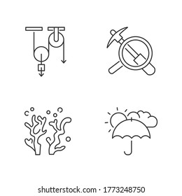 Physical and life sciences pixel perfect linear icons set. Customizable thin line contour symbols. Physics, geology, oceanology and meteorology. Isolated vector outline illustrations. Editable stroke