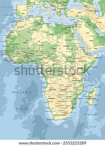 Physical map of Africa in Mercator projection. Highly detailed, editable with clearly labeled, separated layers. Vector illustration.