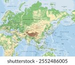 Physical map of Asia in Mercator projection. Highly detailed, editable with clearly labeled, separated layers. Vector illustration.